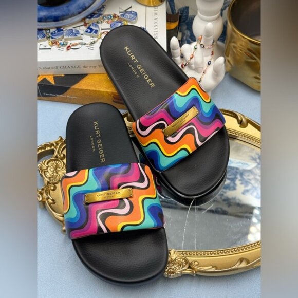 🆕 KURT GEIGER LONDON 🧿 NWOB Brixton Plate Pool Slide, Groovy Rainbow - Sz 6 - Picture 7 of 13